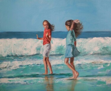 Schilderij getiteld "Girls at sea" door Els Driesen, Origineel Kunstwerk, Acryl