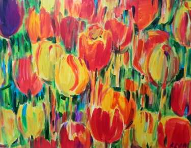 Malarstwo zatytułowany „Colorful tulips” autorstwa Elva Polyakova, Oryginalna praca, Akryl