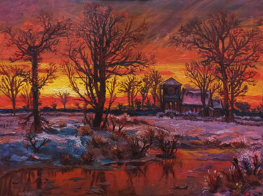 Картина под названием "Winter Sunset" - Elvi Ismailaga, Подлинное произведение искусства, Масло