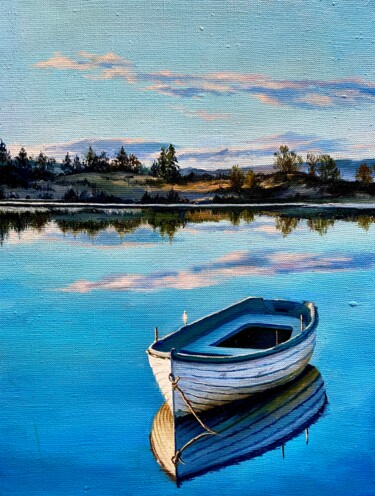 Malerei mit dem Titel "Evening on a lake" von Elvira Sultanova, Original-Kunstwerk, Öl