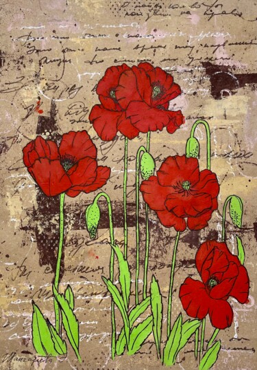 Drawing titled "Poppies" by Elvira Kamaletdinova, Original Artwork, Acrylic