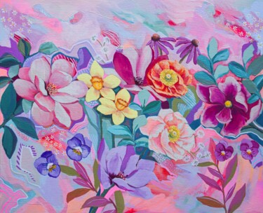 Pittura intitolato "Flower Party" ORIGI…" da Elysianart, Opera d'arte originale, Olio