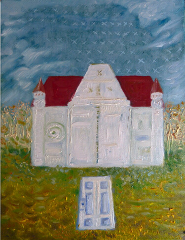 Schilderij getiteld "Pejzaż z białym dom…" door Elżbieta Goszczycka, Origineel Kunstwerk, Olie