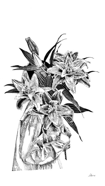 Drawing titled "Holdingflower" by Elzem, Original Artwork, Ink