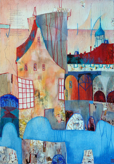 Painting titled "Old city Original…" by Emil Hasenrick, Original Artwork, Acrylic Mounted on Other rigid panel