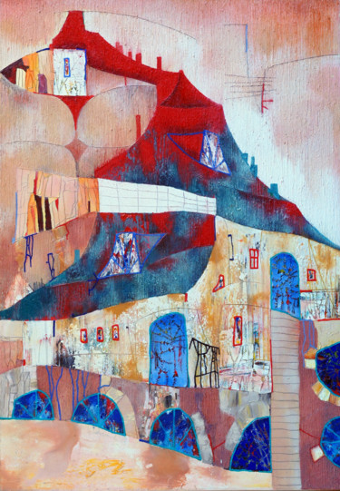 Painting titled "Old city Original…" by Emil Hasenrick, Original Artwork, Acrylic Mounted on Other rigid panel