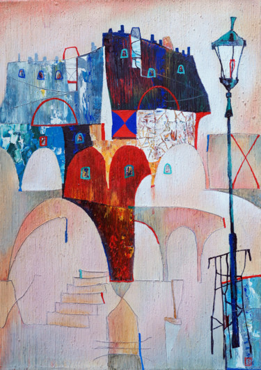 Painting titled "Old city Original…" by Emil Hasenrick, Original Artwork, Acrylic Mounted on Other rigid panel