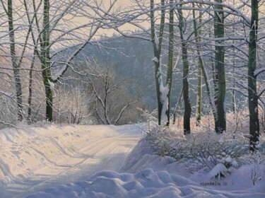 Картина под названием "Trees after snowfall" - Emil Mlynarcik, Подлинное произведение искусства, Масло Установлен на Деревян…