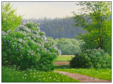 Painting titled "Blooming meadow" by Emil Mlynarcik, Original Artwork, Oil Mounted on Wood Stretcher frame