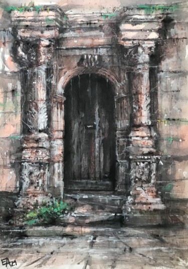 Pintura intitulada "La vieille porte 5" por Emilian Alexianu, Obras de arte originais, Aquarela