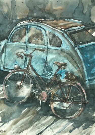 Pittura intitolato "Le vélo et la Deude…" da Emilian Alexianu, Opera d'arte originale, Acquarello