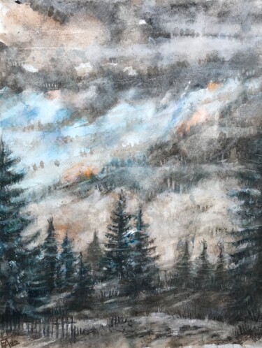 Schilderij getiteld "Les sapins du destin" door Emilian Alexianu, Origineel Kunstwerk, Aquarel