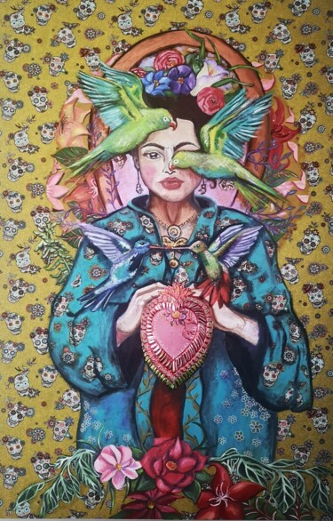 Painting titled "Inspiration Frida" by Emilie Forestier, Original Artwork, Oil Mounted on Other rigid panel