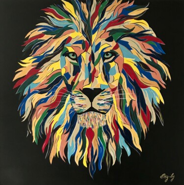 Painting titled "Lion arc-en-ciel no…" by Emilie Neuillie (Emy-Ly-Art), Original Artwork, Acrylic Mounted on Wood Stretcher…