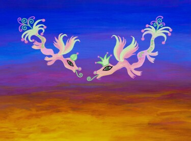 Malerei mit dem Titel "Dragons au soleil c…" von Émilie Pauly, Original-Kunstwerk, Gouache
