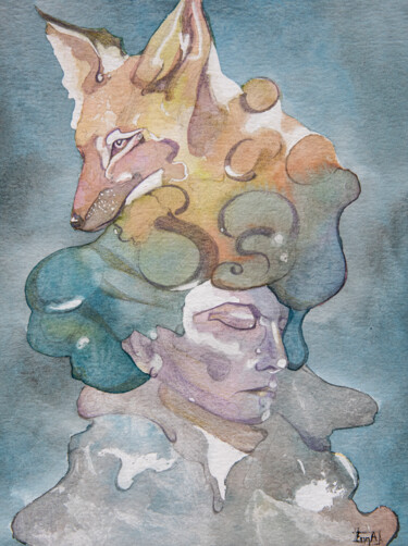 Schilderij getiteld "Femme et Renard" door Emma Plesse, Origineel Kunstwerk, Aquarel