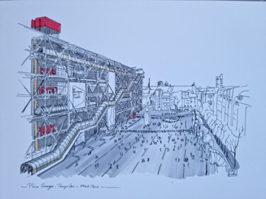 Dessin intitulée "Place Georges Pompi…" par Emmanuel Forgues, Œuvre d'art originale, Encre