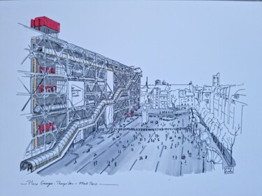 Drawing titled "Place Georges Pompi…" by Emmanuel Forgues, Original Artwork, Ink