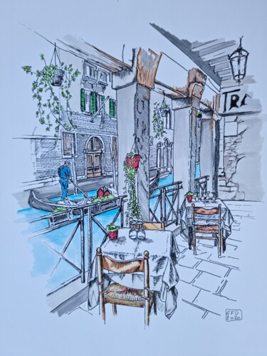 Tekening getiteld "Diner a Venise" door Emmanuel Forgues, Origineel Kunstwerk, Potlood