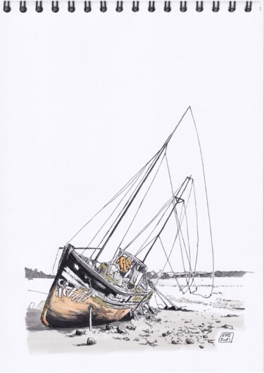 Dessin intitulée "Bateau échoué" par Emmanuel Forgues, Œuvre d'art originale, Marqueur