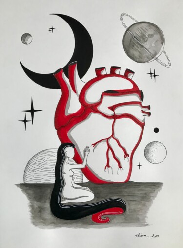 Dessin intitulée "Le Cœur cultivé" par Emmanuelle Liem, Œuvre d'art originale, Encre