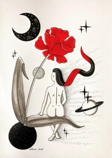 Drawing titled "La dernière fleur" by Emmanuelle Liem, Original Artwork, Ink