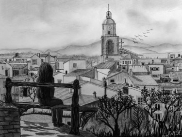 Drawing titled "les hauteurs de Sai…" by Emmanuelle Menny Fleuridas, Original Artwork, Graphite