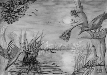 Drawing titled "Au bord du lac" by Emmanuelle Menny Fleuridas, Original Artwork, Pencil