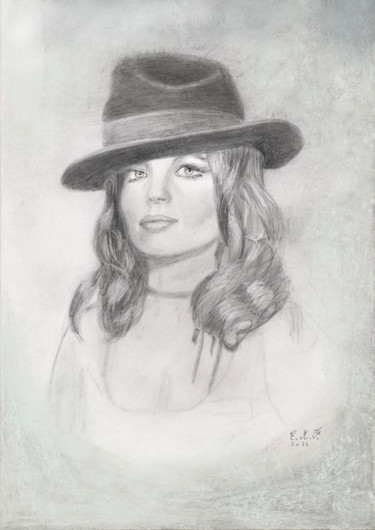 Drawing titled "young woman with hat" by Emmanuelle Menny Fleuridas, Original Artwork, Graphite