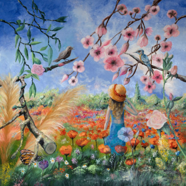 Pintura titulada "Zaël au champ fleuri" por Emmanuelle Menny Fleuridas, Obra de arte original, Oleo Montado en Bastidor de c…