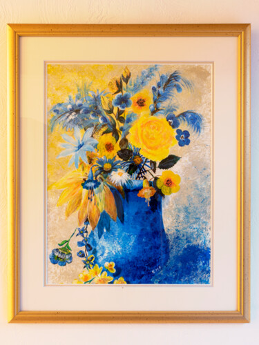Картина под названием "Etude en bleu et ja…" - Emmanuelle Menny Fleuridas, Подлинное произведение искусства, Акрил Установле…