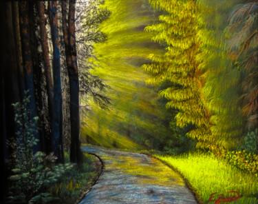 Pintura titulada "Sunbeams in the for…" por Emre Demir, Obra de arte original, Pastel