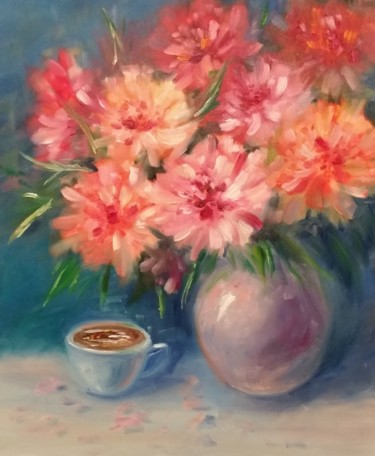 Peinture intitulée "Peonies and coffee" par Ekaterina Suvorova, Œuvre d'art originale, Huile