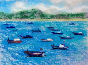 Dibujo titulada "Фуйен. Лодки." por Larissa Lukaneva, Obra de arte original, Pastel