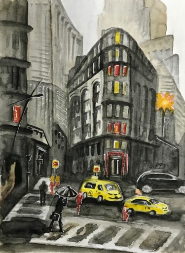 Painting titled "Дождь в городе. Ске…" by Larissa Lukaneva, Original Artwork, Watercolor