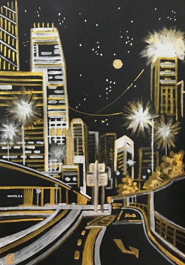 Рисунок под названием "Ночной город 2. Ске…" - Larissa Lukaneva, Подлинное произведение искусства, Акварель