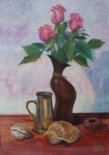 Painting titled "Still Life with Ros…" by Larissa Lukaneva, Original Artwork, Oil