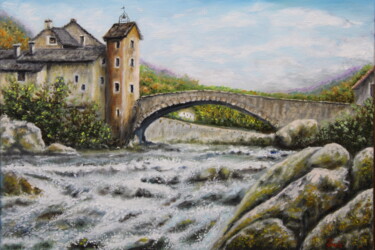 Painting titled "N°347 VUE DU PONT D…" by Enio Maccazzola, Original Artwork, Oil Mounted on Wood Stretcher frame