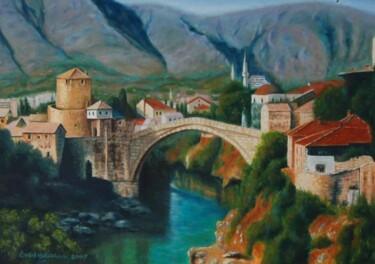 Schilderij getiteld "Mostar Köprüsü ( Mo…" door Erdal Bölükbaşı, Origineel Kunstwerk, Olie