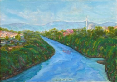 Schilderij getiteld "Neretva River, Most…" door Erdal Bölükbaşı, Origineel Kunstwerk, Olie Gemonteerd op Frame voor houten b…