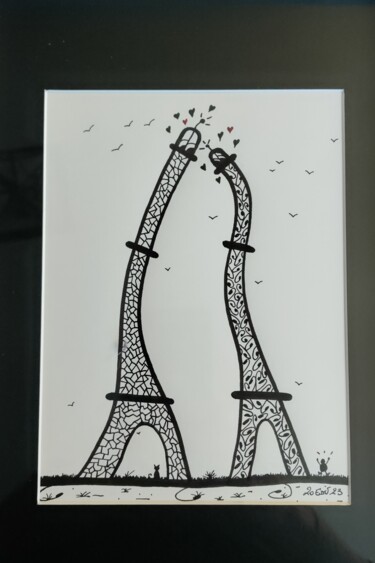 「The Parisians lovers」というタイトルの描画 Eric De Vuystによって, オリジナルのアートワーク, インク ウッドパネルにマウント