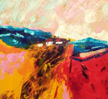 Peinture intitulée "village et paysage 5" par Eric Delbos, Œuvre d'art originale, Huile