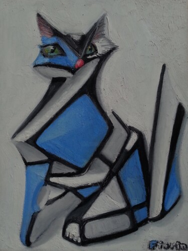 Painting titled "chat bleu et blanc" by Eric Fiorin, Original Artwork, Oil