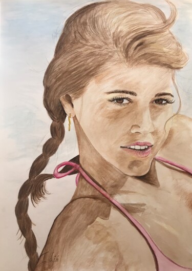 Drawing titled "Jane on the beach" by Eric Garnier, Original Artwork, Watercolor