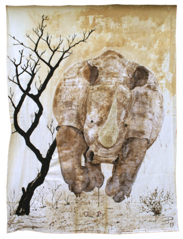 Painting titled "rhinoceros-sur-drap…" by Éric Plateau, Original Artwork, Other