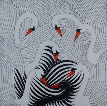 Картина под названием "Cygnes - Une histoi…" - Eric Richet, Подлинное произведение искусства, Акрил Установлен на Деревянная…