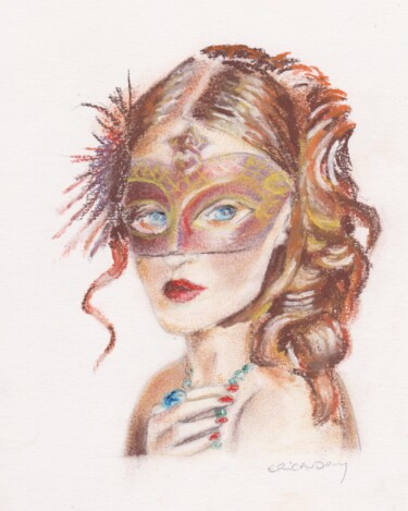 Tekening getiteld "Femme au masque d'or" door Eric Audry, Origineel Kunstwerk, Pastel