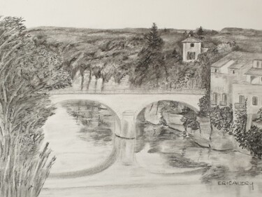 Zeichnungen mit dem Titel "Le pont de Ruoms" von Eric Audry, Original-Kunstwerk, Kohle