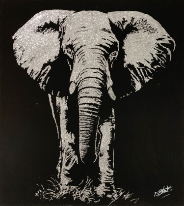 Painting titled "Eléphant" by Erik Black, Original Artwork, Collages Mounted on Wood Stretcher frame