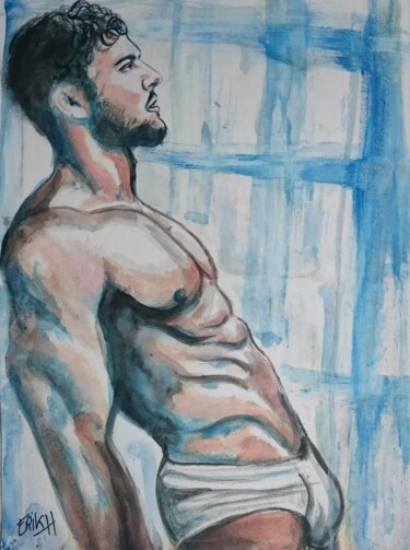 Malerei mit dem Titel "Nu masculin en slip" von Erik Hils, Original-Kunstwerk, Acryl